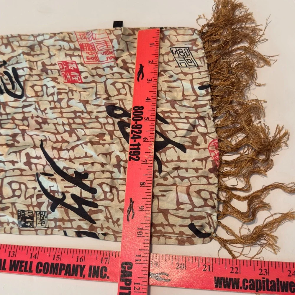 100% Silk Calligraphy Print Scarf Tan Brown Black Red Tassel Fringe Rectangular